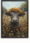 Een ingelijst schilderij met de titel "aab 203 AI" van CollageDepot, met een koe in een veld, versierd met gele zonnebloemen rond zijn hoofd en nek. De achtergrond bestaat uit een grasveld met extra zonnebloemen en vage bomen in de verte, waardoor een idyllisch tafereel ontstaat.,Zwart-Zonder,Lichtbruin-Zonder,showOne,Zonder