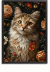 Een portret van een langharige gestreepte kat met grote ogen is omgeven door verschillende bloemen, waaronder oranje en rode bloesem, tegen een donkere achtergrond. Dit Bloemenpracht Omarmt De Kat Schilderij van CollageDepot bevat gedetailleerde bont- en bloemelementen, waardoor een realistische en sierlijke uitstraling ontstaat, perfect voor wanddecoratie met een magnetisch ophangsysteem.,Zwart-Zonder,Lichtbruin-Zonder,showOne,Zonder