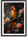 Een ingelijst Tropisch Pracht Schilderij van CollageDepot toont een kleurrijke papegaai, zittend op een tak omringd door levendige bloemen en weelderige groene bladeren. De papegaai heeft een gele borst, een rode kop en blauwe en groene vleugels, in contrast met een donkere achtergrond. Deze prachtige wanddecoratie wordt geleverd met een handig magnetisch ophangsysteem.,Zwart-Met,Lichtbruin-Met,showOne,Met