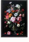 Een schilderij met een gemengd boeket bloemen in een helderglazen vaas tegen een donkere achtergrond. Het arrangement bestaat uit verschillende kleurrijke bloemen, zoals roze en witte pioenrozen, rode rozen en oranje tulpen. Aan de basis zijn verspreide bloemblaadjes te zien, waardoor de realistische charme perfect wordt vastgelegd door de aab 207 AI van CollageDepot.,Zwart-Zonder,Lichtbruin-Zonder,showOne,Zonder