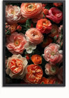 Een ingelijste foto toont een close-up van verschillende bloeiende bloemen, waaronder rozen en ranonkels, in roze, oranje en witte tinten. De bloemen zijn dicht op elkaar gepakt, waardoor een levendige en kleurrijke bloemencompositie ontstaat. Dit prachtige stukje wanddecoratie kun je eenvoudig ophangen door middel van een magnetisch ophangsysteem. Het Bloeiende Pracht Schilderij van CollageDepot geeft elke kamer een elegante toets.,Zwart-Zonder,Lichtbruin-Zonder,showOne,Zonder