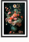 Een ingelijste Bloemenpracht in Keramiek Schilderij van CollageDepot toont een boeket bloemen in een groene vaas. Het arrangement bestaat uit verschillende tinten roze en oranje bloemen, afgewisseld met groen blad. De achtergrond is donker en benadrukt de levendige kleuren van de bloemen. Het canvas kan eenvoudig worden weergegeven door middel van een magnetisch ophangsysteem.,Zwart-Met,Lichtbruin-Met,showOne,Met