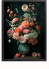 Een ingelijst CollageDepot Bloemenpracht in Keramiek Schilderij toont een groot boeket van verschillende roze en perzikkleurige bloemen in een groene geribbelde vaas. Sommige bloemen en bloemblaadjes zijn gevallen en liggen verspreid over de bodem van de vaas. De donkere achtergrond contrasteert met de levendige bloemen, waardoor hun visuele aantrekkingskracht wordt versterkt.,Zwart-Zonder,Lichtbruin-Zonder,showOne,Zonder