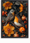 Een ingelijst schilderij Vogels Tussen Oranje Bloemen En Bessen van CollageDepot toont twee vogels die op een tak zitten. Ze zijn omgeven door grote oranje bloemen, ronde bessen en granaatappels tegen een donkere bladachtergrond, waardoor het een boeiend stukje wanddecoratie is dat gemakkelijk kan worden tentoongesteld met een magnetisch ophangsysteem.,Zwart-Zonder,Lichtbruin-Zonder,showOne,Zonder
