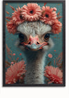Een ingelijst portret van een struisvogel versierd met een bloemstuk. De struisvogel draagt een hoofdband gemaakt van roze gerberamadeliefjes en is omgeven door soortgelijke roze bloemen en bladeren tegen een blauwgroen achtergrond, waardoor de CollageDepot aab 212 AI een ideaal stuk is om uw interieur te verfraaien en tegelijkertijd te optimaliseren voor belangrijke SEO-trefwoorden.,Zwart-Zonder,Lichtbruin-Zonder,showOne,Zonder