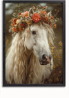 Een wit paard met lange, golvende manen is versierd met een bloemenkroon bestaande uit rode, oranje en gele bloemen, samen met wat groen. De afbeelding is gevat in een donkere houten lijst in portretoriëntatie en toont het paard omringd door verschillende bloeiende bloemen. Het kunstwerk is getiteld "aab 213 AI" door CollageDepot.,Zwart-Zonder,Lichtbruin-Zonder,showOne,Zonder