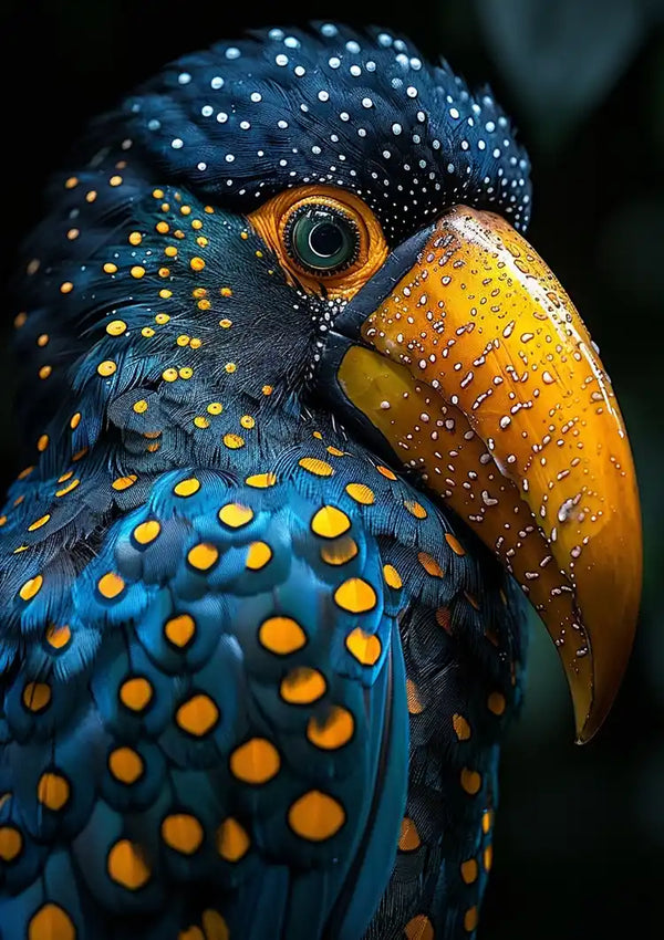 Close-upbeeld van een levendige vogel met een grote geel-zwarte snavel. De veren zijn overwegend blauw met opvallende gele en oranje stippenpatronen, en er zijn kleine witte vlekken rond de ogen. De vogel kijkt naar links, waardoor hij een perfect onderwerp is voor levendige wanddecoratie zoals het Prachtig Gevederde Schoonheid Schilderij van CollageDepot.