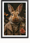 Ingelijste Vintage Konijn Schilderij van CollageDepot met een konijn gekleed in Victoriaanse kledij, een bruine jas met ingewikkelde details, omgeven door bloemen en vlinders. De achtergrond is donker en benadrukt het konijn en de bloemelementen. Deze vintage-stijl wanddecoratie wordt geleverd met een magnetisch ophangsysteem voor eenvoudige presentatie.,Zwart-Met,Lichtbruin-Met,showOne,Met