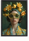 Een portret van een vrouw met een hoofddeksel versierd met gele bloemen en citroenen. Ze draagt een groen getinte, sierlijke bril en is gekleed in een versierd kledingstuk met gele en groene patronen tegen een donkere achtergrond. Dit Lemon Lady Portait Schilderij van CollageDepot wordt geleverd met een magnetisch ophangsysteem voor eenvoudige weergave.,Zwart-Zonder,Lichtbruin-Zonder,showOne,Zonder