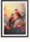 Het CollageDepot Vogels In Bloesem Pracht Schilderij toont twee levendige roze vogels die op boomtakken zitten te midden van bloeiende bloemen. De achtergrond is voorzien van een mix van warme en koele tinten, waardoor het algehele gedetailleerde en kleurrijke natuurtafereel wordt versterkt.,Zwart-Met,Lichtbruin-Met,showOne,Met