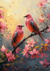 Twee levendig roze vogels zitten op een boomtak, omringd door bloemen in volle bloei. De achtergrond bevat een mix van gele en grijze tinten, waardoor een zachte, dromerige sfeer ontstaat. Een klein blauw vogeltje is ook zichtbaar in de rechter benedenhoek van dit Vogels In Bloesem Pracht Schilderij van CollageDepot, perfect als wanddecoratie.