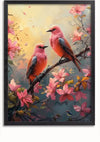 Een ingelijst schilderij Vogels In Bloesem Pracht van CollageDepot met twee roze vogels, zittend op een tak gevuld met roze bloemen. De achtergrond heeft een gradiënthemel met warme tinten, waardoor een levendig en kleurrijk tafereel ontstaat. Ook is er onderaan de wanddecoratie een klein vogeltje aanwezig.,Zwart-Zonder,Lichtbruin-Zonder,showOne,Zonder