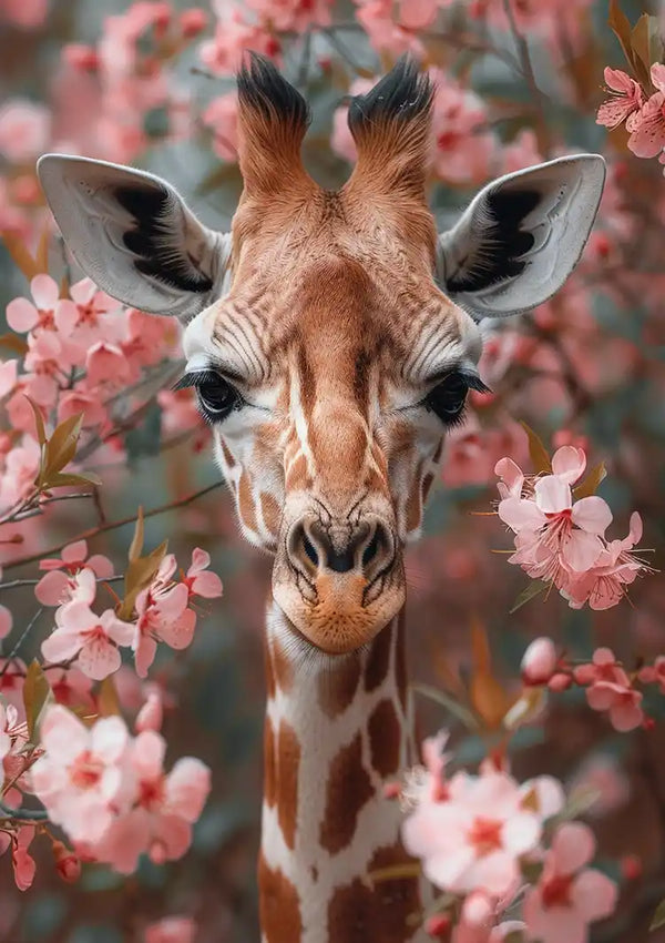 De kop van een giraffe is omgeven door roze bloesems, met bloemen op de voor- en achtergrond. Het gezicht van de giraffe is gecentreerd en naar voren gericht en toont zijn unieke markeringen en lange nek. Dit serene en natuurlijke tafereel maakt een prachtig Giraffe in Blooming Splendor Schilderij van CollageDepot voor elke wanddecoratie met behulp van een magnetisch ophangsysteem.