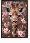 Een prachtig ingelijst schilderij van Giraffe in Blooming Splendor van CollageDepot met een giraffe tussen roze kersenbloesems. Het hoofd en de nek van de giraffe zijn gecentreerd, omgeven door talloze bloesems en bladeren, waardoor een levendig en kleurrijk tafereel ontstaat. De achtergrond is enigszins wazig, waardoor het gezicht van de giraffe wordt benadrukt. Perfect als wanddecoratie!,Zwart-Zonder,Lichtbruin-Zonder,showOne,Zonder