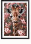 Op een ingelijste foto staat een giraffe omringd door roze kersenbloesems. De giraffe staat centraal, met zijn gezicht naar de camera, te midden van de bloeiende bloemen. Het zwarte frame en de serene natuurlijke sfeer maken dit Schilderij Giraffe in Blooming Splendor van CollageDepot perfect voor elke kamer.,Zwart-Met,Lichtbruin-Met,showOne,Met