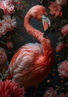 Een levendige roze flamingo staat tussen verschillende roze bloemen, met zijn kop naar rechts gedraaid. Door de donkere achtergrond komen de kleuren van de flamingo en bloemen prominent naar voren. De details van de veren van de flamingo en zijn zwart-witte snavel maken dit **Elegante Flamingo in Bloeiende Pracht Schilderij** van **CollageDepot** perfect voor wanddecoratie.
