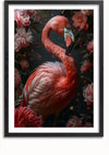 Een ingelijste Elegante Flamingo in Bloeiende Pracht Schilderij van CollageDepot toont een felgekleurde flamingo met een donkere achtergrond versierd met verschillende roze en rode bloemen. De veren van de flamingo vertonen roze, rode en witte tinten en de hals is sierlijk gebogen geplaatst, waardoor het een voortreffelijk wanddecoratiestuk is.,Zwart-Met,Lichtbruin-Met,showOne,Met