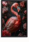 Een ingelijste Elegante Flamingo in Bloeiende Pracht Schilderij van CollageDepot toont een roze flamingo die te midden van verschillende roze en rode bloemen met een donkere achtergrond staat. De veren van de flamingo zijn gedetailleerd en de kop is naar de zijkant gedraaid. De bloemen zorgen voor een levendig contrast in de verder donkere omgeving, waardoor het een opvallende wanddecoratie is.,Zwart-Zonder,Lichtbruin-Zonder,showOne,Zonder