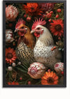 Een Kippen Tussen De Bloemen Schilderij van CollageDepot toont twee kippen omringd door kleurrijke bloemen in de kleuren rood, oranje en wit. De ene kip heeft veelkleurige veren, terwijl de andere overwegend witte veren met zwarte vlekken heeft. De levendige bloemen omlijsten de kippen en creëren een rijke, gedetailleerde achtergrond.,Zwart-Zonder,Lichtbruin-Zonder,showOne,Zonder