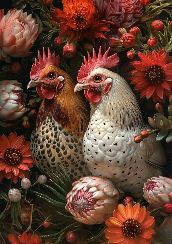 Een gedetailleerde Kippen Tussen De Bloemen Schilderij van CollageDepot illustratie met twee kippen omringd door kleurrijke bloemen. De kip aan de linkerkant heeft bruine en zwarte veren, terwijl die aan de rechterkant wit is met zwarte vlekken. De bloemen hebben verschillende tinten rood en oranje, waardoor een levendige achtergrond ontstaat.