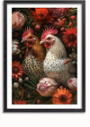 Het Kippen Tussen De Bloemen Schilderij van CollageDepot toont twee kippen, één met bruine en witte veren en de andere met witte veren, omgeven door kleurrijke bloemen in rood en oranje.,Zwart-Met,Lichtbruin-Met,showOne,Met