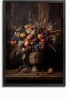 Een ingelijste Prachtige Droogbloemen Schilderij van CollageDepot toont een rustieke vaas vol met een assortiment kleurrijke, gedroogde bloemen. De achtergrond is voorzien van donkere houten planken, die het contrast versterken en de complexiteit van het bloemstuk benadrukken, perfect als unieke wanddecoratie.,Zwart-Zonder,Lichtbruin-Zonder,showOne,Zonder