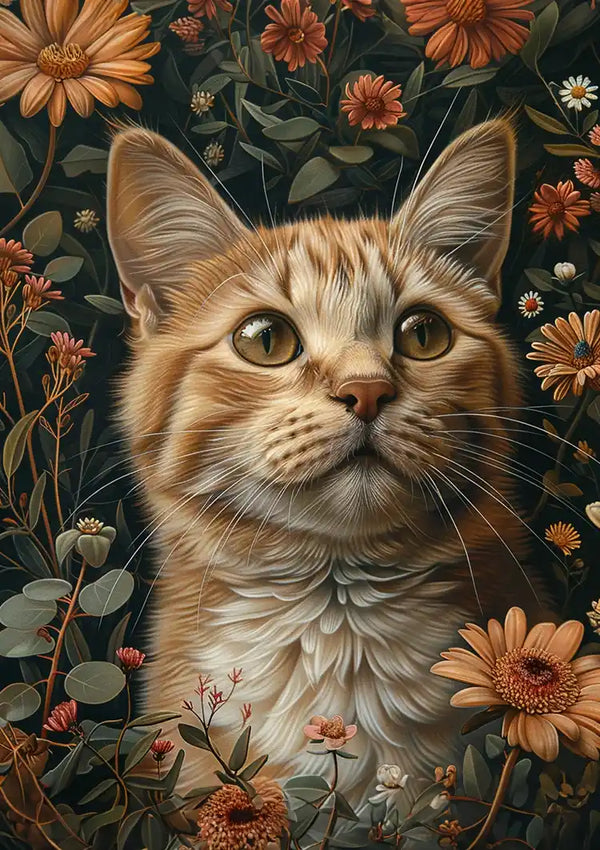Een gedetailleerd schilderij van een oranje gestreepte kat (oranje kat) omringd door verschillende bloemen en bladeren. De kat ziet er kalm uit met groene ogen. Dit Bloemenkat-schilderij van CollageDepot bevat ingewikkelde details in zowel de vacht van de kat als de omliggende planten, en bevat een magnetisch ophangsysteem voor eenvoudige weergave.