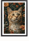 Een ingelijste illustratie van een oranje kat omringd door diverse bloemen, waaronder madeliefjes en chrysanten. De kat kijkt met een serene uitdrukking naar boven. De achtergrond is gevuld met donkergroen blad, wat de levendige bloemen en de kat accentueert. Deze charmante wanddecoratie, Bloemenkat Schilderij van CollageDepot, is voorzien van een magnetisch ophangsysteem voor eenvoudige weergave.,Zwart-Met,Lichtbruin-Met,showOne,Met