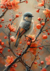 Een kleine vogel met grijze en oranje veren zit op een tak omringd door bloeiende rode en oranje bloemen. De achtergrond heeft een zachte focus en benadrukt de levendige kleuren van de vogel en bloesems – perfect voor een CollageDepot Vogel en Bloemen in Harmonie Schilderij dat kan dienen als prachtige wanddecoratie.