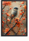 Een ingelijst Vogel en Bloemen in Harmonie Schilderij van CollageDepot toont een kleine vogel, zittend op een tak van een bloeiende boom met levendige oranjebloesem. De achtergrond is zacht vervaagd, waardoor de vogel en de bloemen op de voorgrond worden benadrukt, waardoor het een prachtig wanddecoratiestuk is dat elke kamer naar een hoger niveau tilt.,Zwart-Zonder,Lichtbruin-Zonder,showOne,Zonder