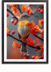 Een ingelijste foto toont een kleine vogel met oranje en grijze veren, zittend op een tak met rode bloesems. De achtergrond is wazig, waardoor de vogel en de bloemen benadrukt worden. Dit CollageDepot Vogel Op Bloesemtak in Levendig Contrast Schilderij maakt gebruik van een magnetisch ophangsysteem voor eenvoudige weergave.,Zwart-Met,Lichtbruin-Met,showOne,Met