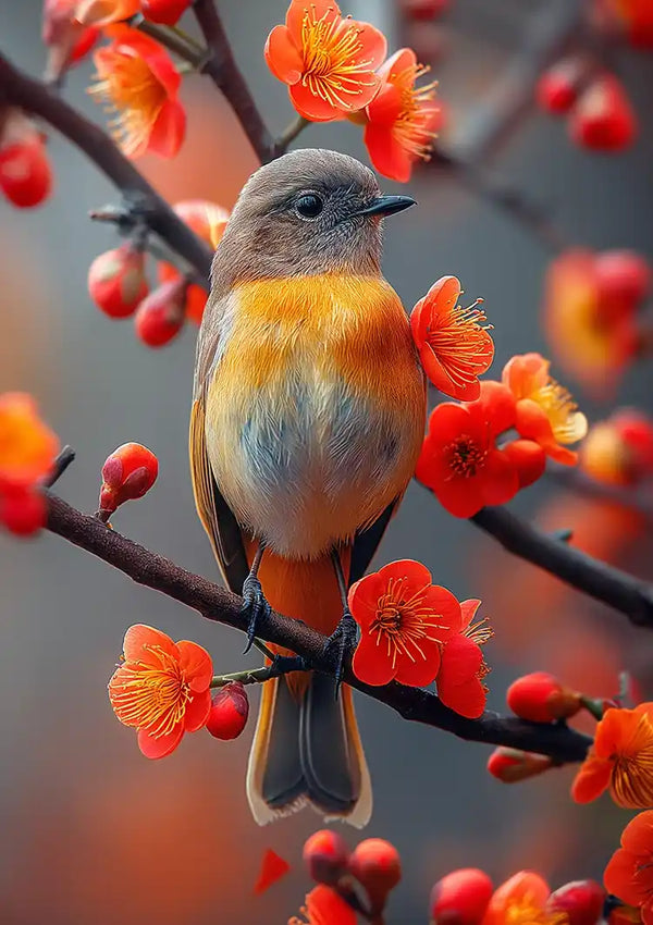 Een kleine vogel met bruine en oranje veren zit op een tak van een bloeiende boom. De boom pronkt met levendige rode en oranje bloesems en de achtergrond is wazig, waardoor de vogel en de bloemen benadrukt worden, perfect voor wanddecoratie met het betoverende magnetische ophangsysteem van Vogel Op Bloesemtak van CollageDepot in Levendig Contrast Schilderij.