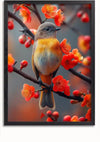 Een ingelijste foto toont een kleine vogel met oranje en geel verenkleed, zittend op een tak versierd met felrode bloemen. Deze prachtige wanddecoratie, "Vogel Op Bloesemtak in Levendig Contrast Schilderij" van CollageDepot, heeft een onscherpe achtergrond, waardoor de vogel en bloesems op de voorgrond worden benadrukt, en bevat een eenvoudig magnetisch ophangsysteem voor moeiteloze installatie.,Zwart-Zonder,Lichtbruin-Zonder,showOne,Zonder