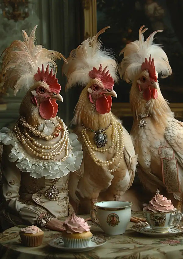 Drie kippen zijn gekleed in uitgebreide 18e-eeuwse kleding, versierd met parels en veren, zittend aan een tafel gedekt met cupcakes en een theekopje. De setting oogt verfijnd en doet denken aan een vintage schilderij, waardoor het een voortreffelijke vorm van wanddecoratie is. Dit stuk is het "High Tea in Chick Style Schilderij" van CollageDepot.