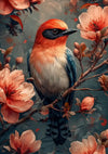 Een felgekleurde vogel zit op een tak omringd door grote roze bloemen in dit prachtige schilderij De Kleurrijke Vogel in Bloesems van CollageDepot. De vogel heeft een levendige oranje kop, blauwe vleugels en een witte borst. De achtergrond heeft een zachte, donkere en groene omgeving, waardoor de vogels en bloemen het middelpunt vormen.