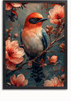Een De Kleurrijke Vogel in Bloesems Schilderij van CollageDepot toont een vogel met levendig oranje en blauw verenkleed, gelegen op een tak omringd door roze bloemen. De afbeelding is omlijst met een donkere rand en de achtergrond is een mix van blauwe en groene tinten. Deze prachtige wanddecoratie voegt charme toe aan elke ruimte.,Zwart-Zonder,Lichtbruin-Zonder,showOne,Zonder