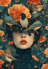 Een artistiek vrouwelijk portret met contrasterende bloemen en vogels Schilderij van het gezicht van een vrouw, gedeeltelijk verborgen door oranje bloemen en vogels. De achtergrond is versierd met soortgelijke bloemen en bladeren. De lippen van de vrouw zijn felrood geverfd en levendige vogels van verschillende soorten zitten rond haar hoofd, waardoor een boeiende wanddecoratie van CollageDepot ontstaat.