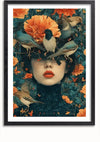 Een ingelijst vrouwelijk portret met contrasterende bloemen en vogels Schilderij van CollageDepot toont het gezicht van een vrouw omringd door oranje bloemen en groen gebladerte. Vogels zitten op en rond haar hoofd en bedekken haar ogen gedeeltelijk met veren. De lippen van de vrouw zijn helderrood en het kleurenschema is rijk en warm. Deze prachtige wanddecoratie is voorzien van een magnetisch ophangsysteem voor eenvoudige weergave.,Zwart-Met,Lichtbruin-Met,showOne,Met