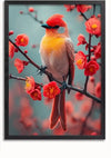 Een vogel met levendige rode en gele veren zit op een tak versierd met rode bloemen. De achtergrond is zacht vervaagd, waardoor de vogel en de bloemen als middelpunt van de afbeelding worden benadrukt. Dit prachtige Prachtig Gefladder Schilderij van CollageDepot zorgt voor een perfecte wanddecoratie en kan worden gemonteerd met een magnetisch ophangsysteem.,Zwart-Zonder,Lichtbruin-Zonder,showOne,Zonder
