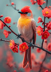 Een vogel met een fel oranjerode kuif en gele borst zit op een tak versierd met rode bloemen. De achtergrond is zacht vervaagd en benadrukt de levendige kleuren van het Prachtig Gefladder Schilderij van CollageDepot, perfect voor wanddecoratie. Hij beschikt zelfs over een magnetisch ophangsysteem voor eenvoudige montage.