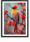 Een ingelijste foto, perfect als Prachtig Gefladder Schilderij van CollageDepot, toont een vogel met levendig rood, geel en oranje verenkleed, zittend op een tak met rode bloemen in volle bloei. De zachte vervaging van de achtergrond accentueert de vogel en bloemen op de voorgrond, eenvoudig te monteren met een magnetisch ophangsysteem.,Zwart-Met,Lichtbruin-Met,showOne,Met