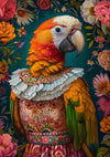 Een schilderij van De Papegaai in Bloemenpracht van CollageDepot toont een papegaai met levendige oranje, gele en groene veren, versierd in een sierlijk kostuum met een kraag met ruches en gedetailleerde bloemenpatronen. De achtergrond is voorzien van een scala aan kleurrijke bloemen, waardoor het een prachtige kleurrijke wanddecoratie is.