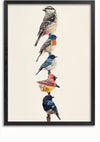 Een ingelijst Vogels Op Wacht Schilderij van CollageDepot toont zes verschillende vogelsoorten verticaal gestapeld in een kolom. De vogels, met hun kleurrijke verenkleed, variërend van gedempt bruin tot levendige blauw- en roodtinten, vallen op tegen een effen witte achtergrond. Het beschikt over een magnetisch ophangsysteem voor eenvoudige installatie.,Zwart-Zonder,Lichtbruin-Zonder,showOne,Zonder