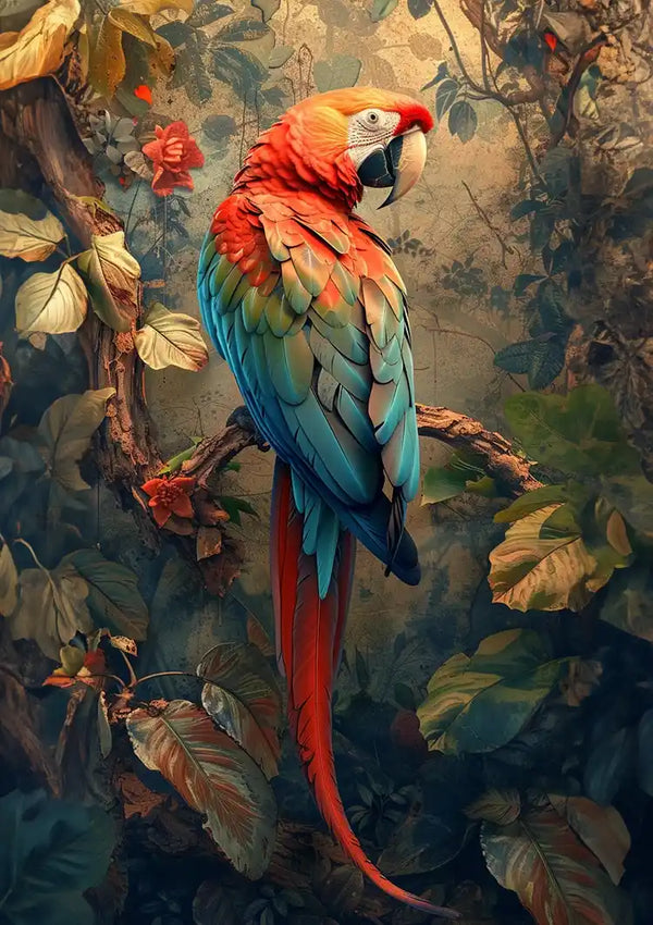 Een levendig gekleurde papegaai met felrode, blauwe en gele veren zit op een tak omringd door bladeren en bloeiende planten. Deze levendige scène zorgt voor een prachtig De Kleurrijke Papegaai Schilderij van CollageDepot, tegen een achtergrond van weelderig groen en een subtiel vervaagd boslandschap.