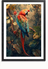Een ingelijst De Kleurrijke Papegaai Schilderij van CollageDepot toont een levendige papegaai, een levendige ara-papegaai die op een tak zit in een weelderige, tropische omgeving. De veren van de ara vertonen een mix van rode, blauwe en groene tinten tegen dicht gebladerte met verschillende tinten groen en oranje accenten.,Zwart-Met,Lichtbruin-Met,showOne,Met