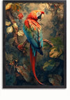 Een ingelijst kunstwerk toont een levendige papegaai met rode, blauwe en groene veren, gelegen op een tak te midden van een weelderige, tropische achtergrond met verschillende bladeren en bloemen. Dit prachtige stuk tropische wanddecoratie, het De Kleurrijke Papegaai Schilderij van CollageDepot, is gedetailleerd en suggestief, met overal rijke, diepe kleuren.,Zwart-Zonder,Lichtbruin-Zonder,showOne,Zonder