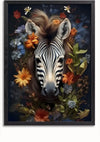 Een ingelijst Florastic Zebra Schilderij van CollageDepot toont de kop van een zebra omringd door verschillende kleurrijke bloemen en bladeren, tegen een donkere achtergrond. De zwart-witte strepen van de zebra contrasteren met de levendige tinten van de bloemen. Deze wanddecoratie brengt met zijn boeiende design een opvallende toets in elke kamer.,Zwart-Zonder,Lichtbruin-Zonder,showOne,Zonder
