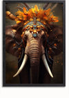 Een ingelijst kleurrijk olifantenschilderij van CollageDepot toont een olifant versierd met een uitgebreide en kleurrijke hoofdtooi gemaakt van bloemen, veren en ornamenten. De afbeelding heeft een donkere achtergrond, die contrasteert met de heldere en levendige elementen van de hoofdtooi, waardoor het een prachtig stukje wanddecoratie is.,Zwart-Zonder,Lichtbruin-Zonder,showOne,Zonder