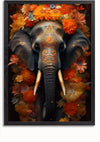 Een ingelijst Versierde Olifant Schilderij van CollageDepot met een afbeelding van een olifant versierd met ingewikkelde oranje en blauwe patronen op zijn voorhoofd. De olifant is omgeven door een levendige reeks oranje, gele en roze bloemen, waardoor een levendige en kleurrijke wanddecoratie ontstaat.,Zwart-Zonder,Lichtbruin-Zonder,showOne,Zonder