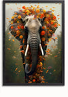 Een ingelijst Surrealistisch Olifant Schilderij van CollageDepot toont een olifant met heldere bloemen en herfstbladeren op zijn hoofd en slurf. De achtergrond is een zacht, onscherp bostafereel, waardoor een surrealistische en levendige compositie ontstaat. Deze prachtige wanddecoratie wordt geleverd met een innovatief ophangsysteem voor eenvoudige weergave.,Zwart-Zonder,Lichtbruin-Zonder,showOne,Zonder